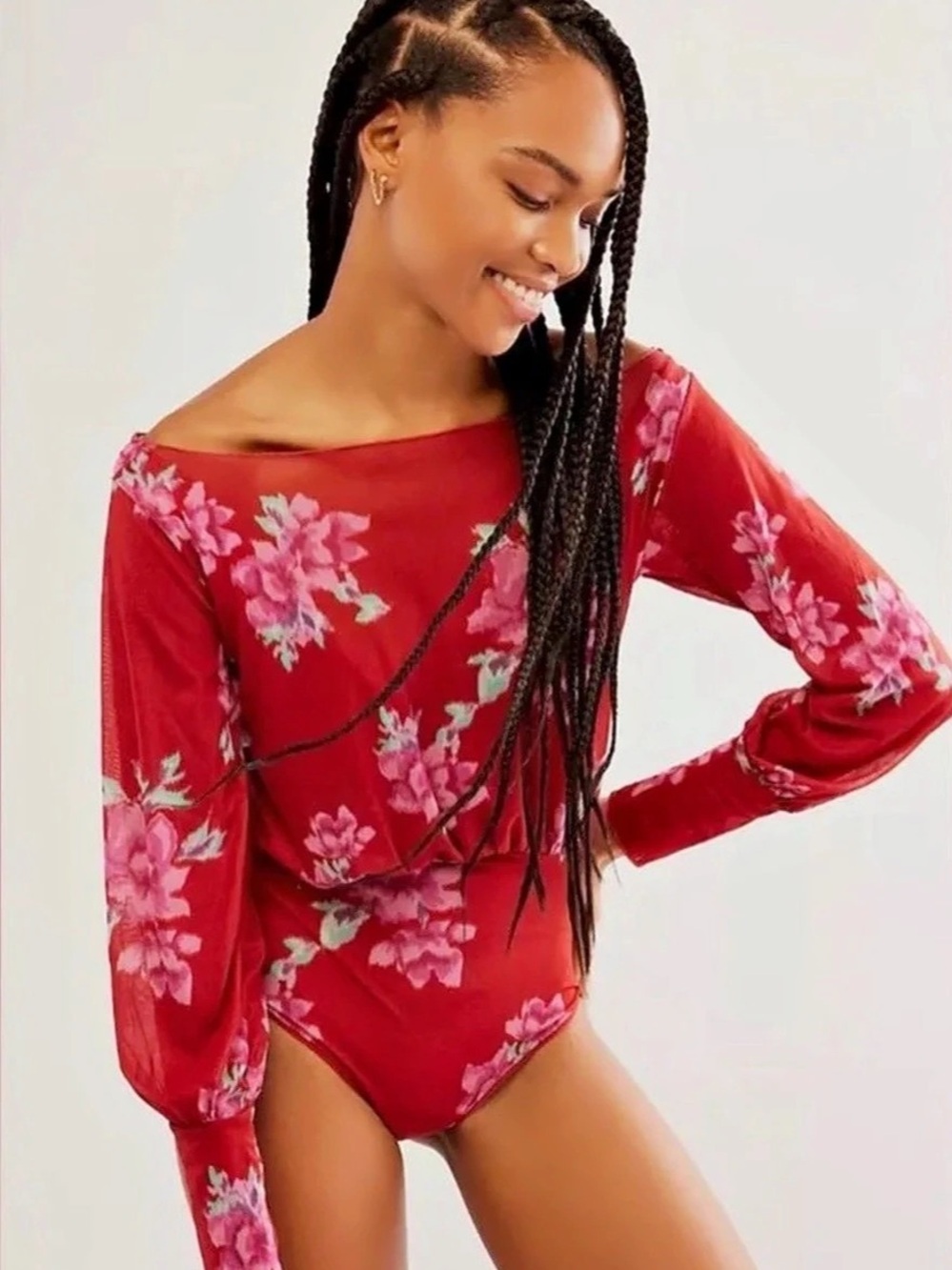 Free People Undercover Printed Bodysuit Red Floral Mesh Long Sleeve Boho M